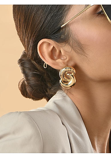 Gold-Toned Party Molten Double Loop Circular Textured Stud Earrings