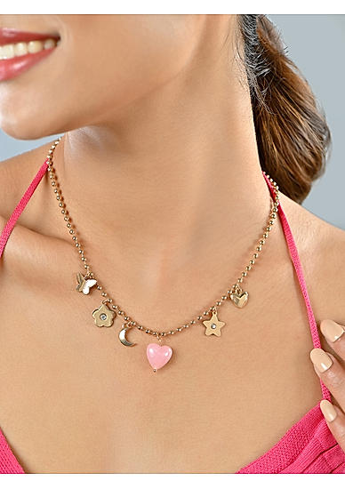 Gold-Toned Party Pink Heart Charm and Floral Moon Choker Necklace