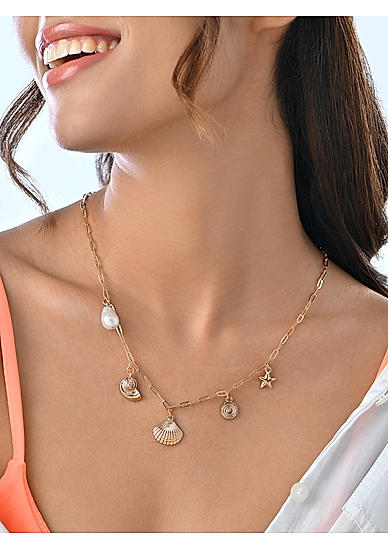 Gold-Toned Starfish and Shell Beach Charms Choker Necklace