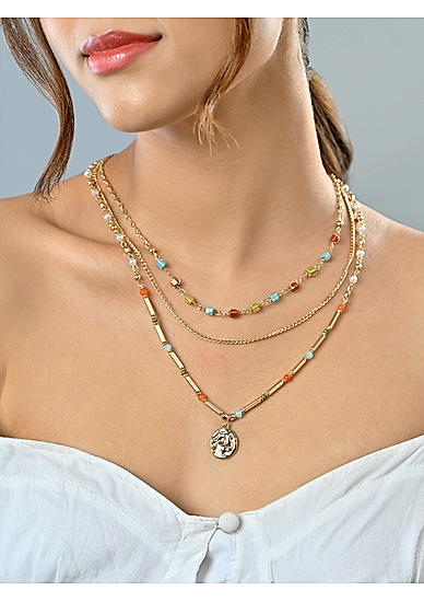 Gold-Toned Multicolored Beaded Beach vacation Layered Necklace