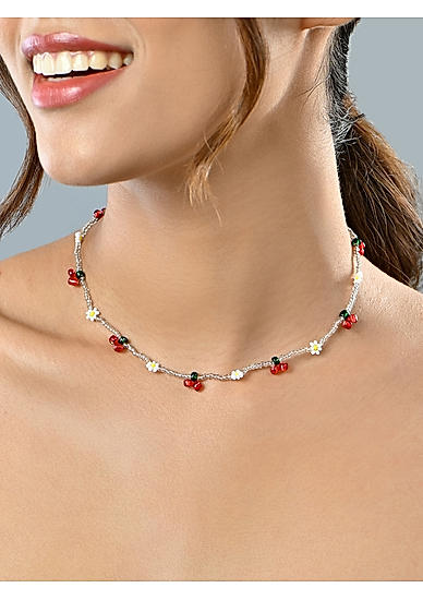 White Floral Beaded and Red Cherry Drops Choker Necklace