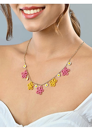 Gold-Toned Yellow Red & White Floral Beach Choker Necklace