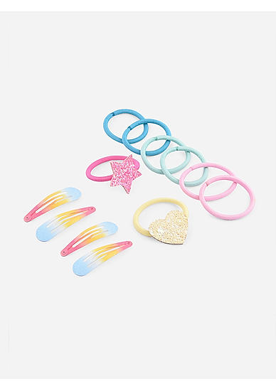 Toniq Kids Set Of 12 Multi Rainbow Color Bow Hair Clip & Rubber Band Set For Girls