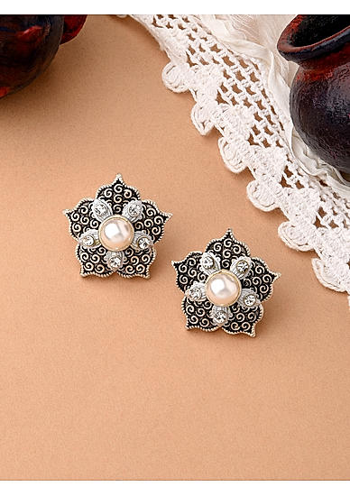 Buy Classic Oxidised Silver Chandbali Earrings with Pearl Drops Online –  The Jewelbox