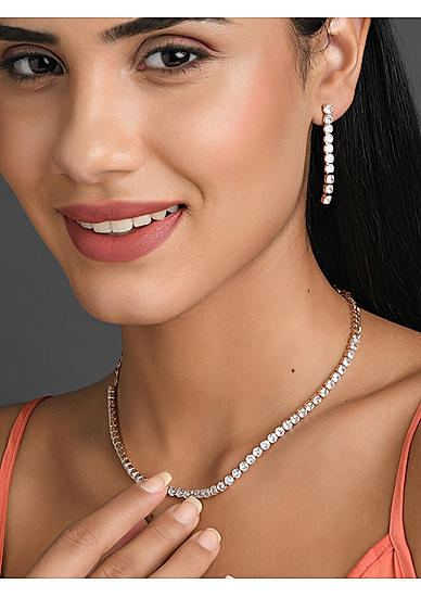 ToniQ Luxurious Rose Gold Plated American Diamond Jewelry Set For Women