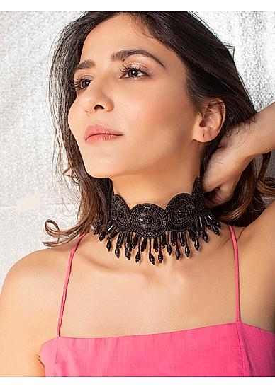 ToniQ Stylish Black Beaded Choker Necklace for Women