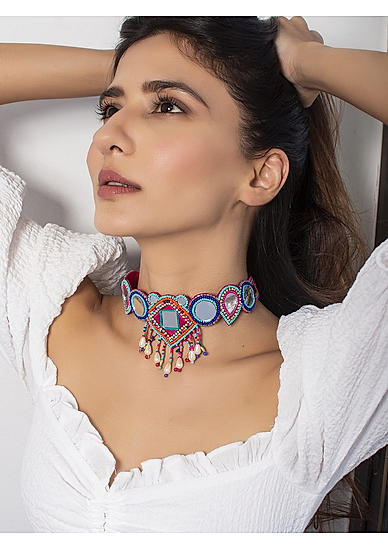 ToniQ Stylish Multi Colored Mirrow Work Beaded Choker Necklace for Women
