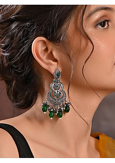 Fida Green Beads Oxidised Festive Dangler Earrings Women