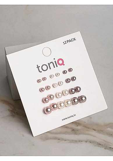 ToniQ Stylish Classic White Pink & Grey Pearl Stud Earing Set For Women (Set of 12)