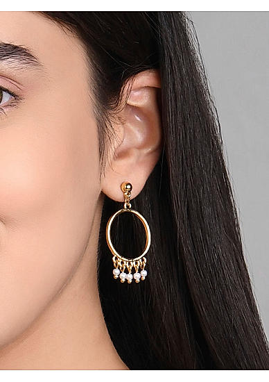 ToniQ Stylish Gold Plated Circular White Pearl Drop Earings For Women