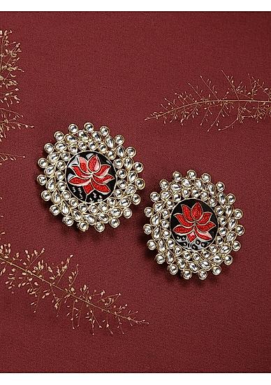 Red Black Kundan Gold Plated Enamelled Lotus Stud Earring