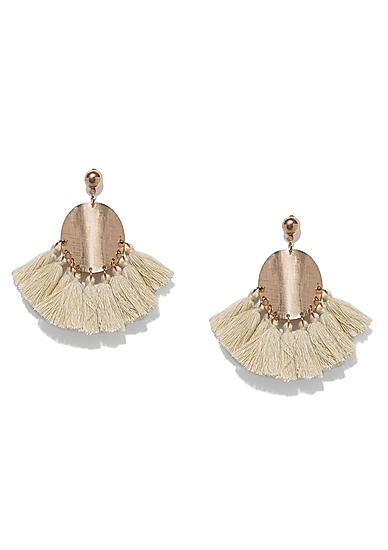 Gold-Toned and Beige Tasselled Contemporary Drop Earrings