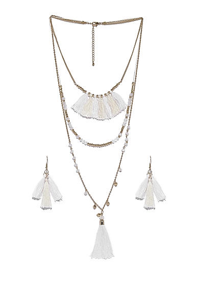 Gold-Toned White Tasseled Jewellery Set