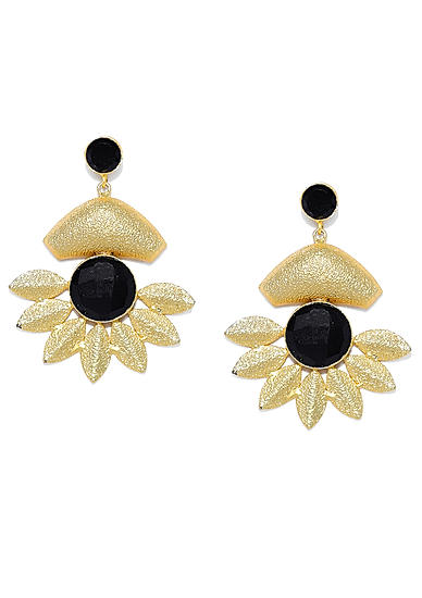 Ethnic Traditional Gold & Black Flower Shaped Drop Earrings For Women