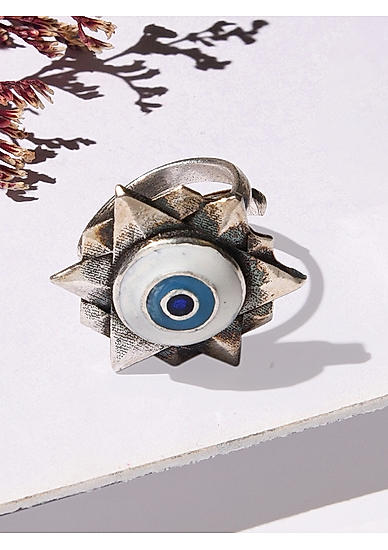 Toniq Silver Plated Evil Eye Finger Ring for Women