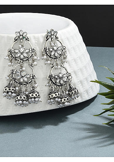 Fida Floral Afghani Silver Plated Kundan Studded Pearl Jhummer Dangler Earrings for Women  