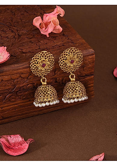Fida Ethnic Floral Gold Plated Color Stone Studded Pearl Jhumki Earrings for Women