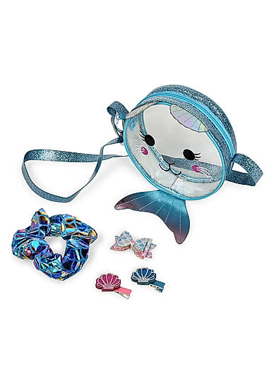 Toniq Mermaid Dreams Kids Turquoise Blue Cross Body Sling Bag With Hair Accessories Rakhi Gift Set For Kids, Girls and Children