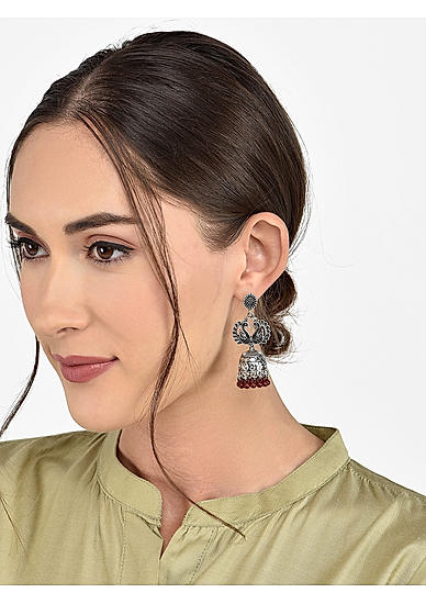 ToniQ Silver Peacock Drop Earring For Women