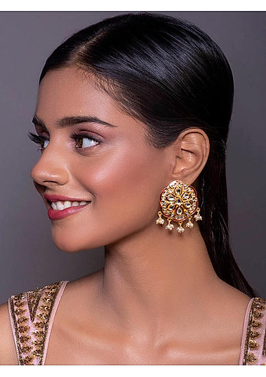 Kundan Gold Plated Enamelled Floral Stud Earring