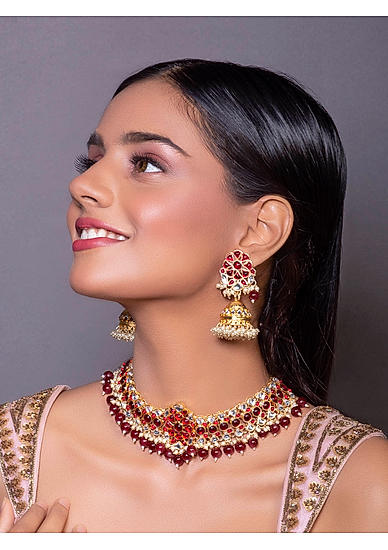 Ruby Kundan Pearls Gold Plated Floral Jewellery Set
