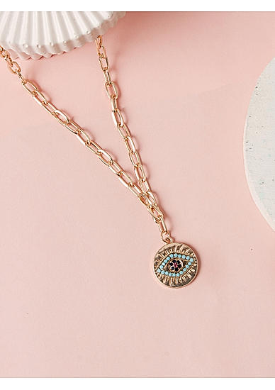 Gold Plated Evil Eye Linked Charm Pendant Necklace
