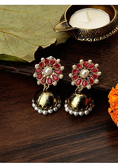 Pink Gold-Toned Floral Handcrafted Jhumkas