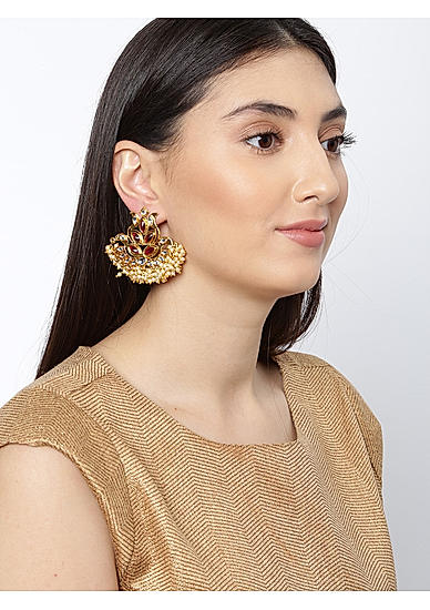 Ruby Kundan Gold Plated Beaded Chandbali Earring