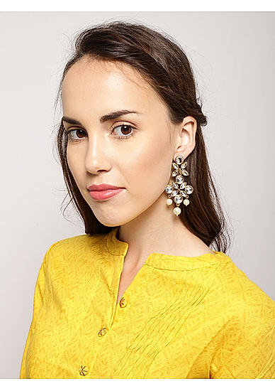 Gold-Toned Artificial Stone-Studded Floral Drop Earrings