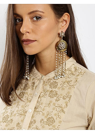 Gold-Toned Off-White Contemporary Drop Earrings
