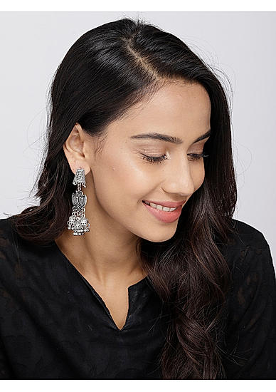 Silver-Toned Oxidised Contemporary Drop Earrings