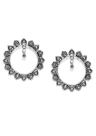 Oxidised Silver-Toned Circular Drop Earring For Women