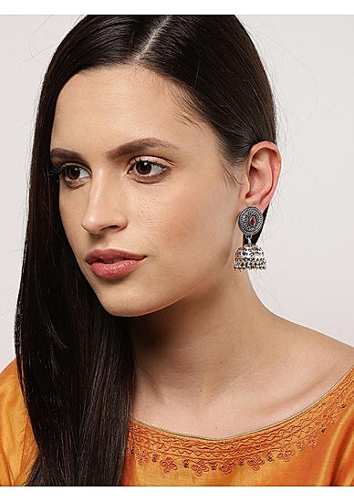 Maroon Stone Silver Plated Oxidised Jhumka Earring
