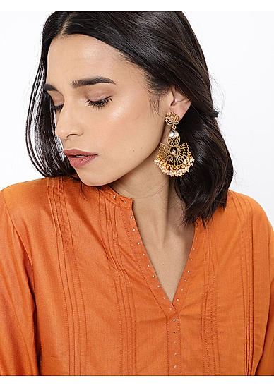 Gold-Toned Stone-Studded Classic Drop Earrings