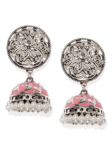 Silver-Toned and Pink Dome Shaped Oxidised Jhumkas