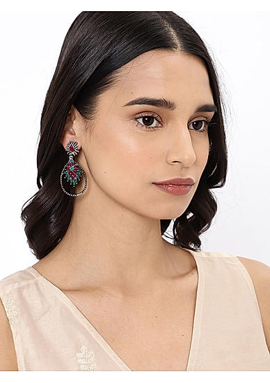 Ruby Emerald Silver Plated Oxidised Teardrop Earring