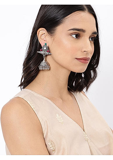 Silver-Toned and Pink Dome-Shaped Jhumkas