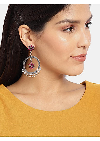 Pink Ruby Silver Plated Oxidised Floral Drop Earring