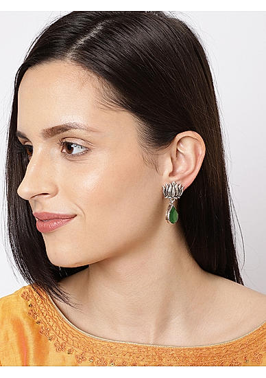 Green and Silver-Toned Floral Oxidised Drop Earrings