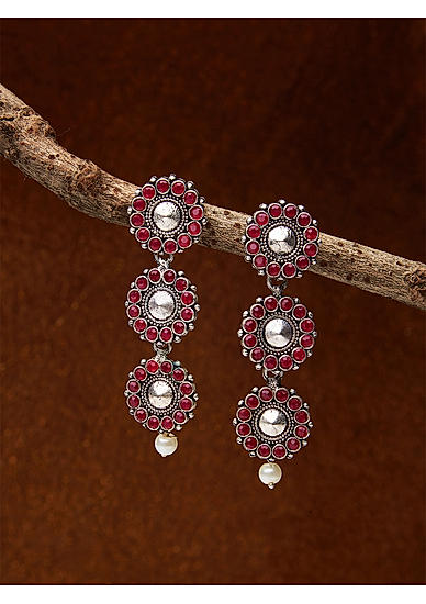 Ruby Silver Plated Oxidised Floral Drop Earring