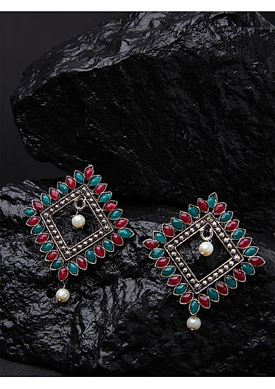 Ruby Emrald Silver Plated Oxidised Square Drop Earring