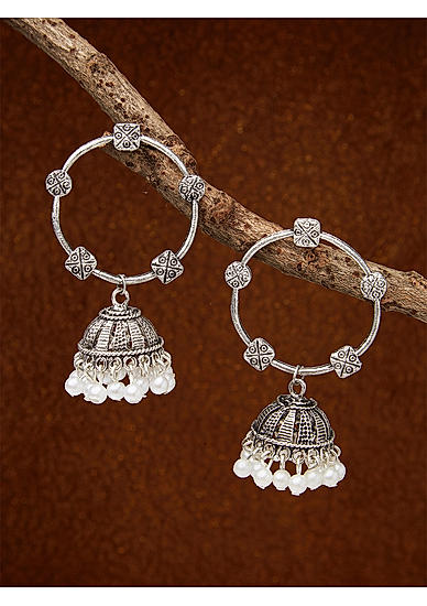 Ethnic Indian Traditional Silver Circle Jhumka Earrings For Women