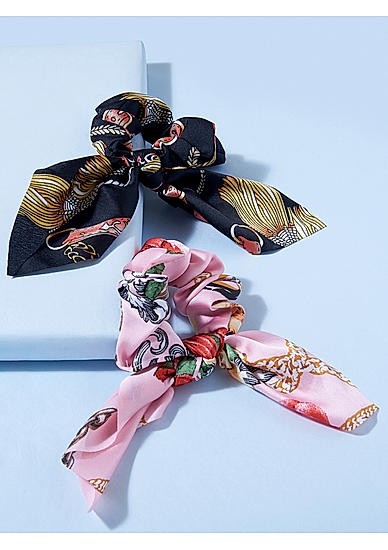 ToniQ Monochrome Floral print Bow Scrunchie Rubber band Gift set  (set of 2)