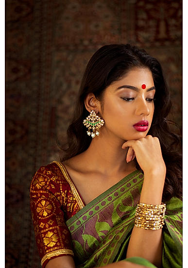 Ethnic Traditional Gold & Green Enamelled Temple Drop Earrings For Women