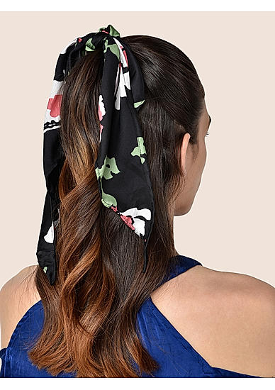 Toniq Black Satin Floral Monet Printed Hair Scarf Scrunchie Rubber Band For Women
