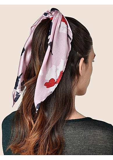 Pink Multicolor Floral Printed Satin Scarf Rubber Band 