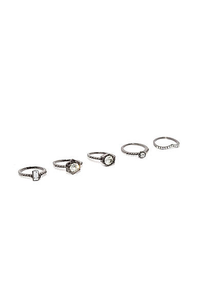 Gunmetal-Toned Set of 5 Stone-Studded Rings-ONESIZE-Metallic