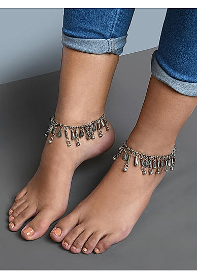 Fida Ethnic Oxidised Silver Black Beaded Anklets for Women