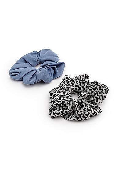 Set Of 2 Black and White Printed and Solid Denim Blue Scrunchie For Women