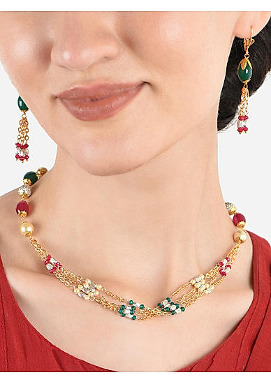 Fida Cute Multi Gold Plated Temple Beads Traditional Wear Alloy Jewellery Set For Women